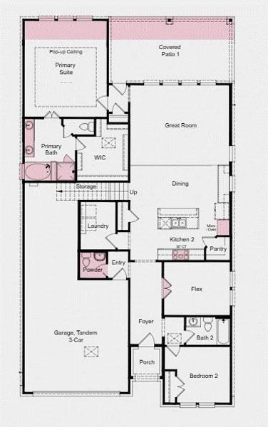 Additional Highlights include: Gourmet kitchen, double doors at flex, powder room in place of storage, extended primary suite, slide-in tub at primary bath, 12' pop-up ceilings at primary suite, upstairs bathroom, media room, and extended covered patio.