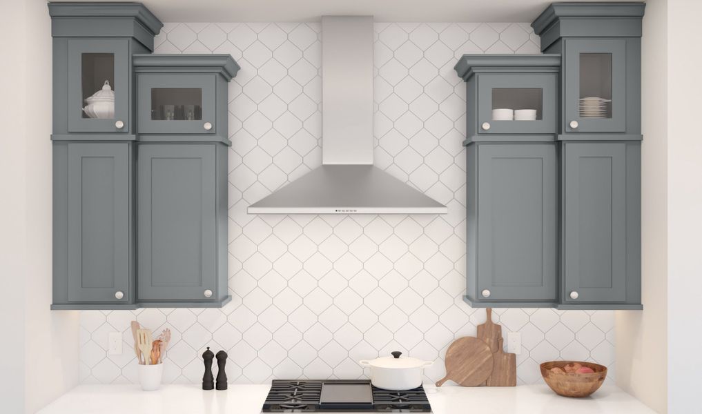 Kitchen with hexagonal backsplash and glass upper cabinets