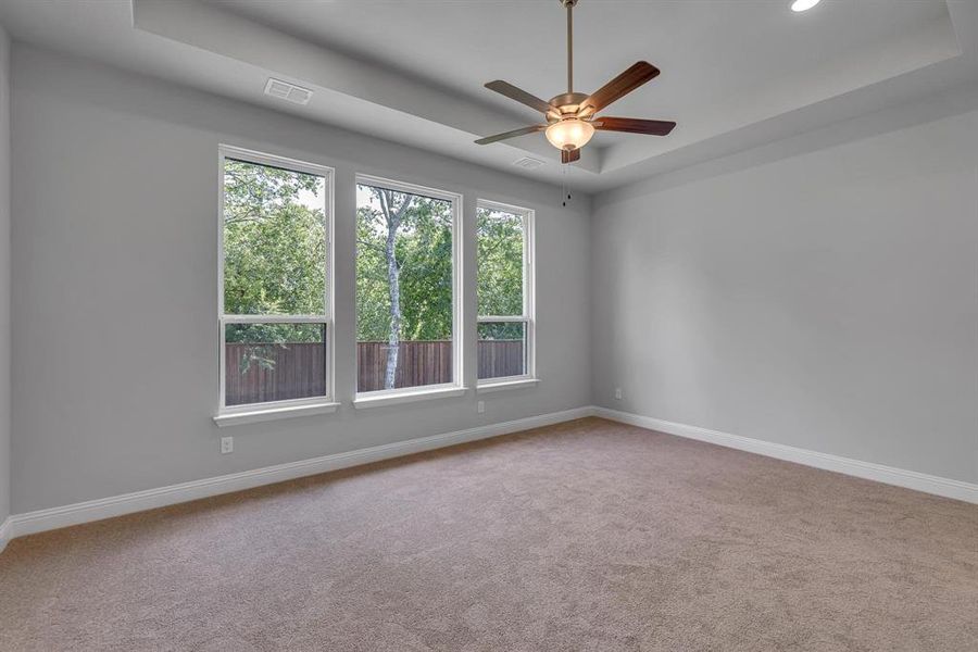 Unfurnished room with ceiling fan, a raised ceiling, and carpet