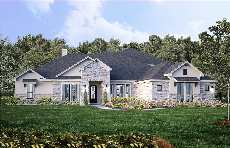 Front exterior of a new home in ClearWater Ranch, Liberty Hill, TX, highlighting curb appeal (Image 21).