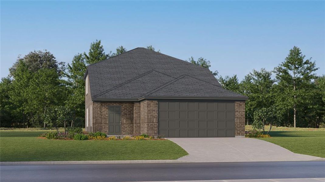 View of front of house with a garage and a front lawn