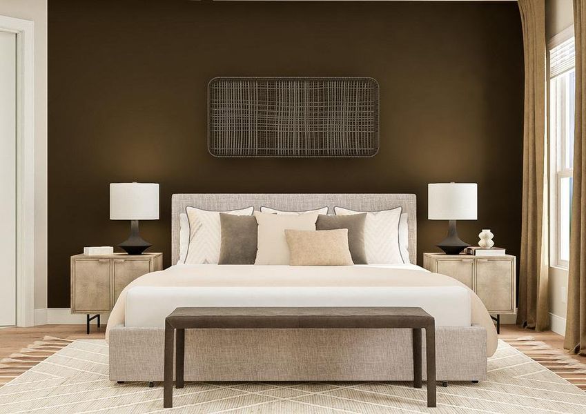 Rendering of the master bedroom furnished
  with large bed with headboard, bench and rug. Two table lamps and a potted
  plant sit on nightstands in front of the brown accent wall.