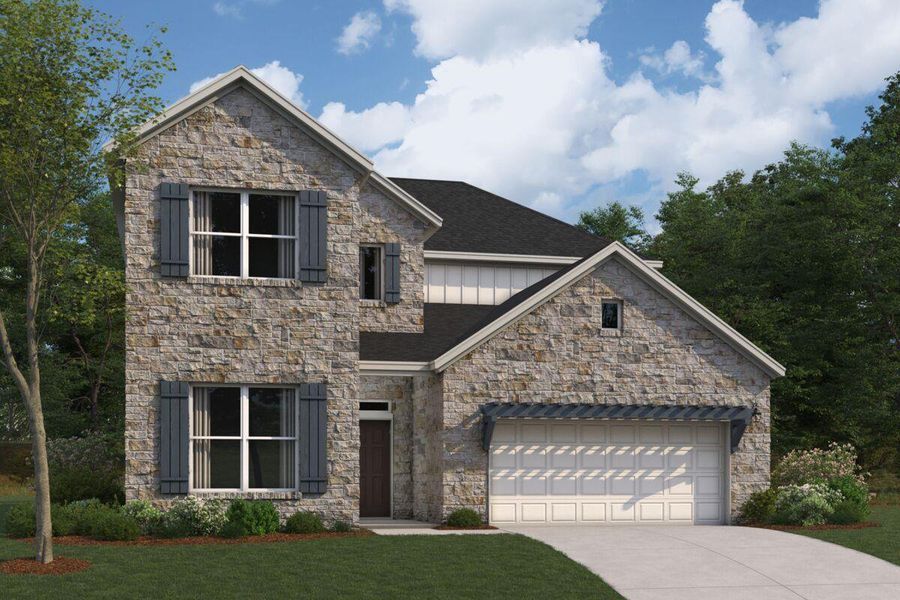 Front exterior of a new home in Edgewood, Leander, TX, highlighting curb appeal (Image 1). Front exterior of a new home in Edgewood, Leander, TX, highlighting curb appeal (Image 1).