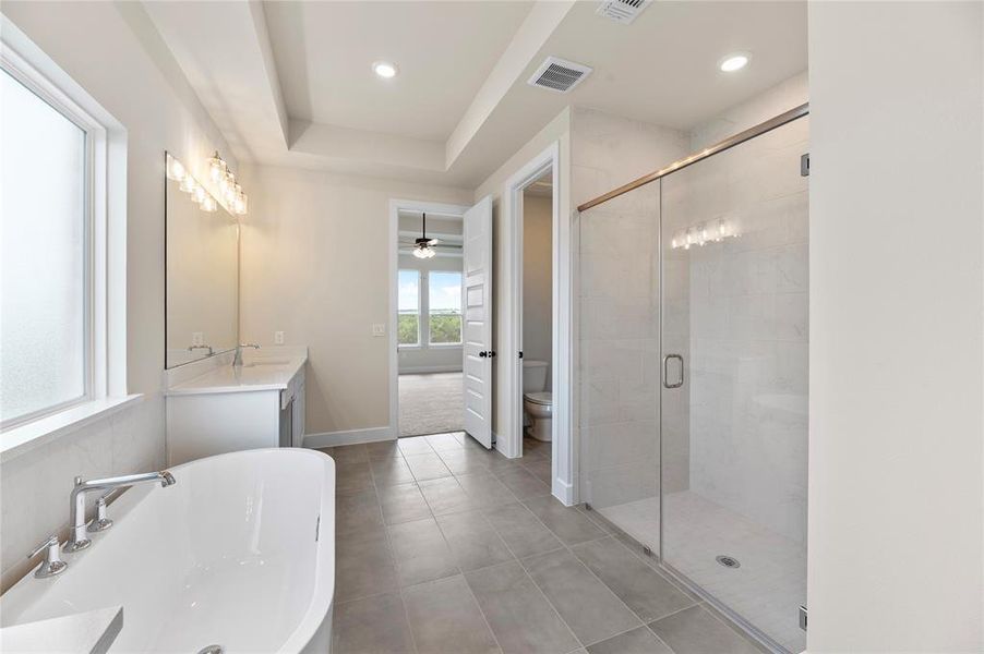 Full bathroom with a freestanding bath, a tray ceiling, vanity, a stall shower, and a ceiling fan