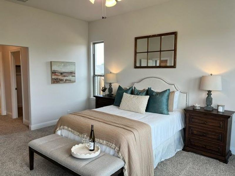 Bedroom with carpet and a ceiling fan Bedroom with carpet and a ceiling fan