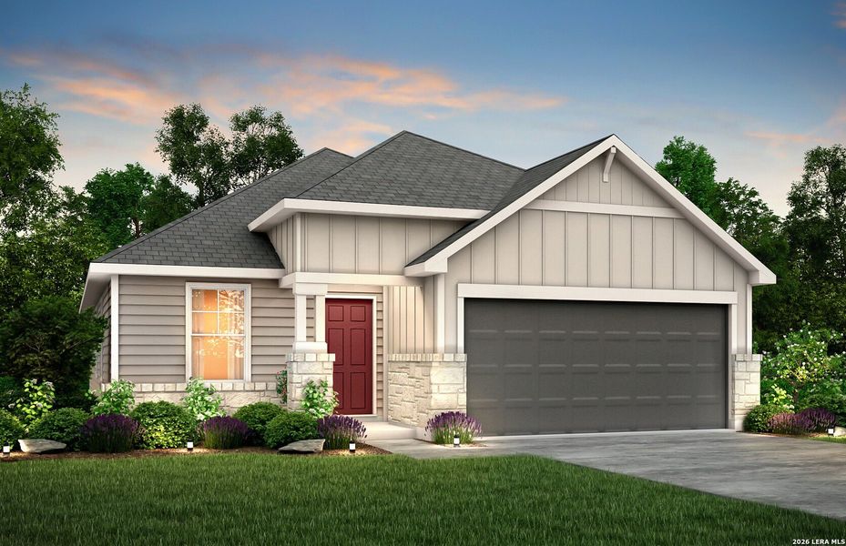 Front exterior of a new home in Horizon Ridge, San Antonio, TX, highlighting curb appeal (Image 1). Front exterior of a new home in Horizon Ridge, San Antonio, TX, highlighting curb appeal (Image 1).