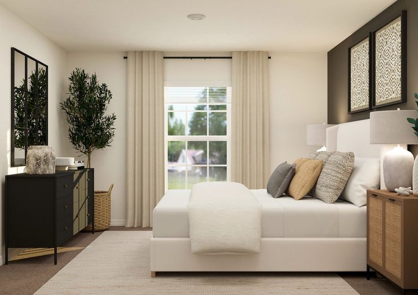 Rendering of the master bedroom with a bed and nightstand.