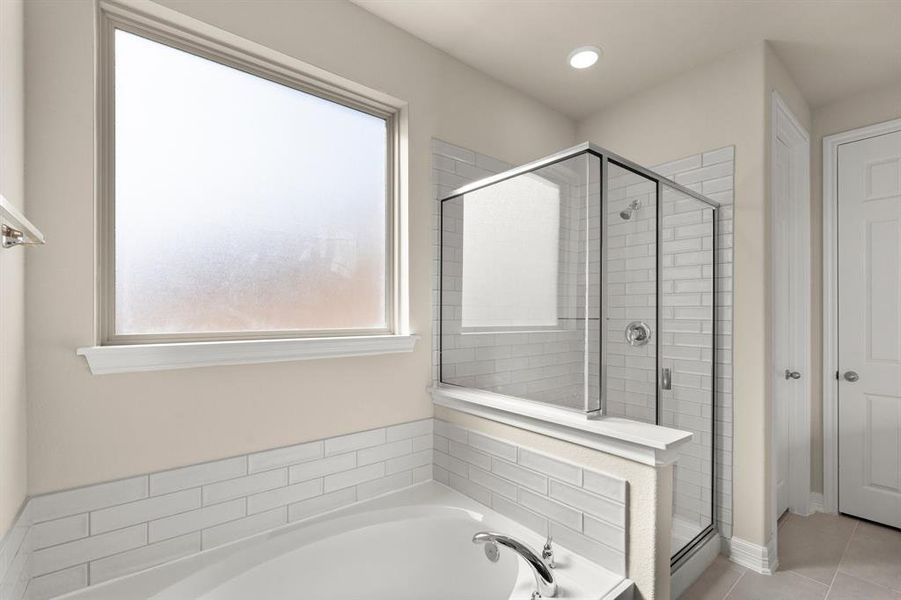 This additional view of your primary bathroom features tile flooring, fresh paint, walk-in shower, a separate garden tub, and a large walk-in closet.