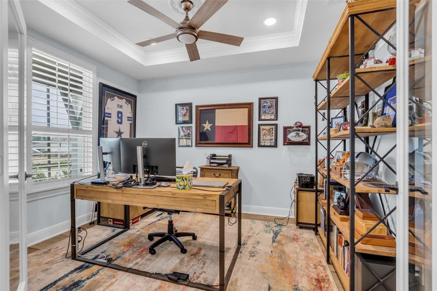 A convenient place to read or work, the office offers French doors for privacy. A convenient place to read or work, the office offers French doors for privacy.