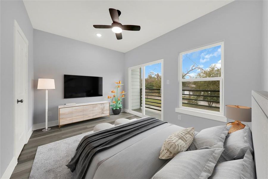 Staged picture of the master bedroom.