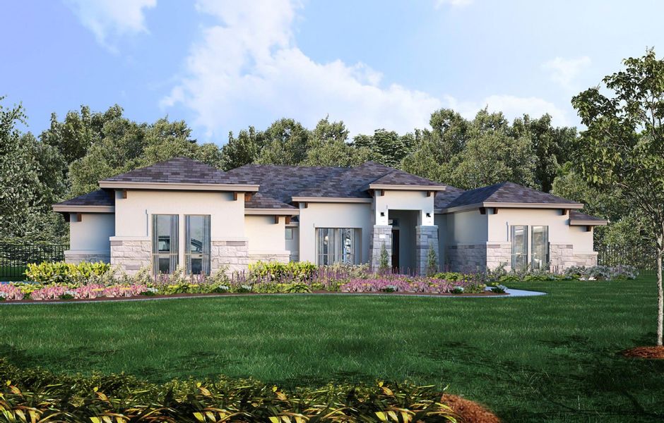 Front exterior of a new home in Scofield Farms Estates, Georgetown, TX, highlighting curb appeal (Image 20).