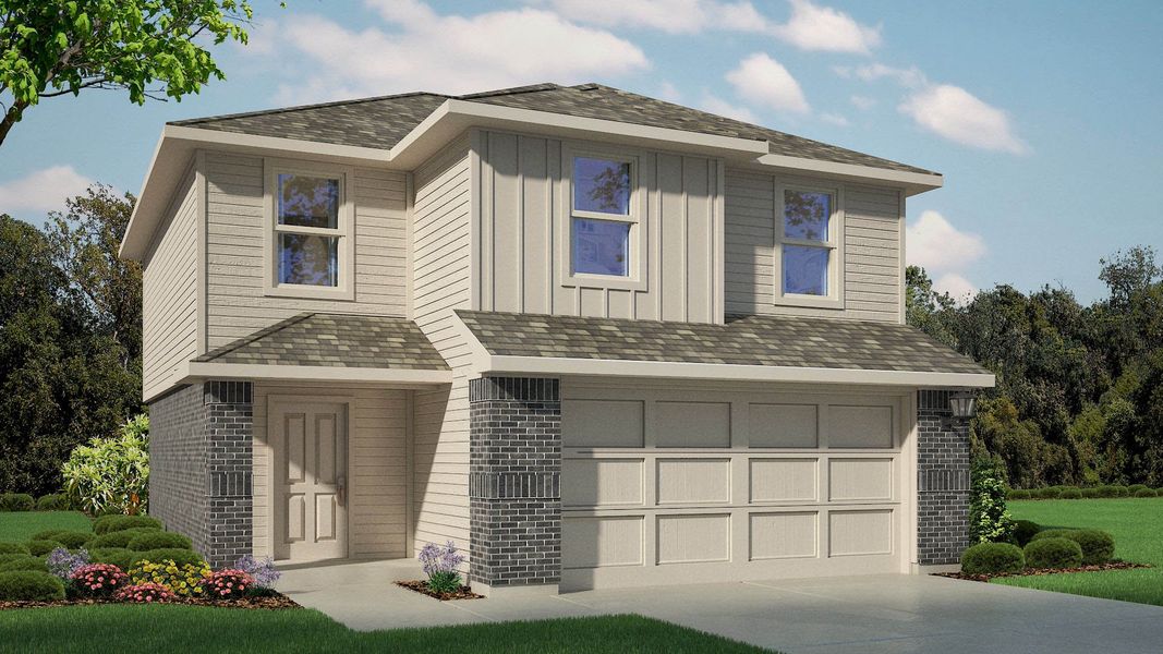Front exterior of a new home in Overlook West, Wolfforth, TX, highlighting curb appeal (Image 1). Front exterior of a new home in Overlook West, Wolfforth, TX, highlighting curb appeal (Image 1).
