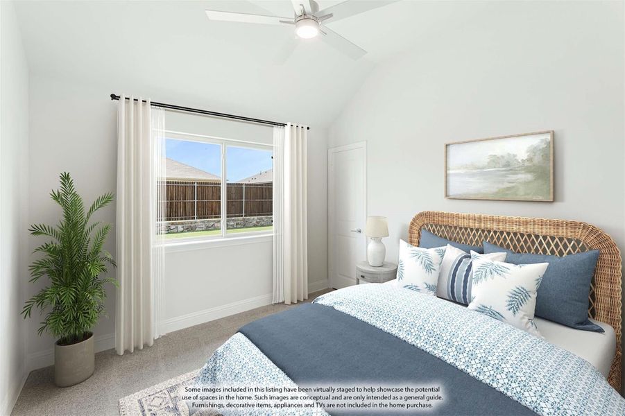 Bedroom with vaulted ceiling, ceiling fan, wicker headboard, and large window with white curtains Bedroom with vaulted ceiling, ceiling fan, wicker headboard, and large window with white curtains