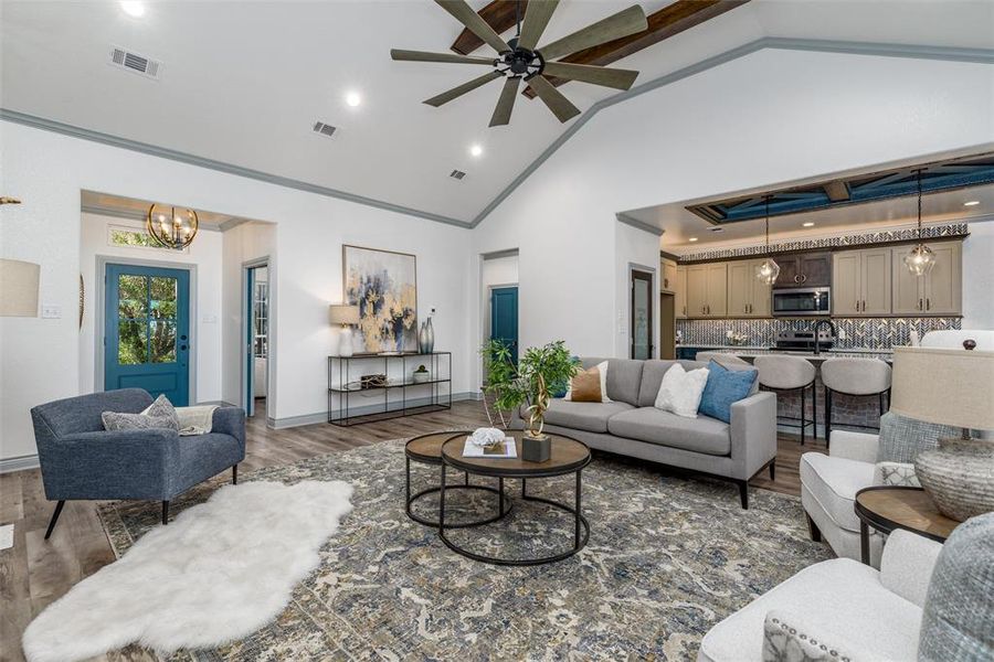 Living room opens to kitchen.