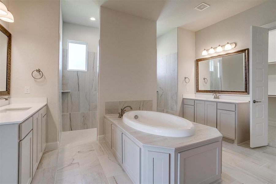 Bathroom with vanity and shower with separate bathtub