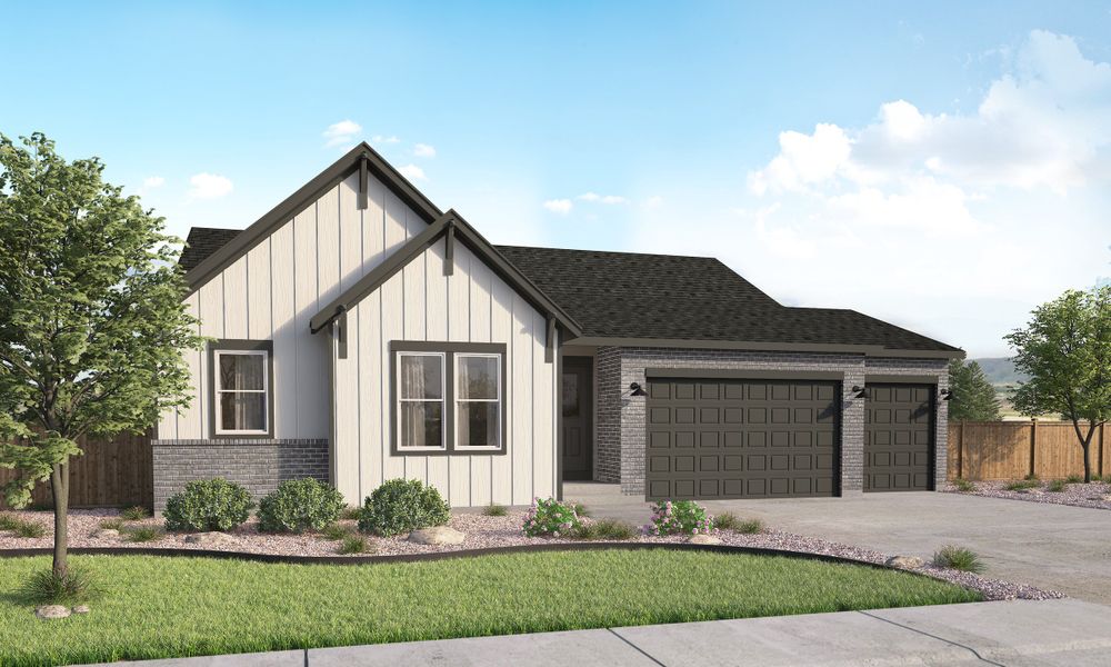 Representative exterior photo of a completed home built from the Tenley by Lokal Homes in Paint Brush Hills, Peyton, CO (Image 25). Representative exterior photo of a completed home built from the Tenley by Lokal Homes in Paint Brush Hills, Peyton, CO (Image 25).
