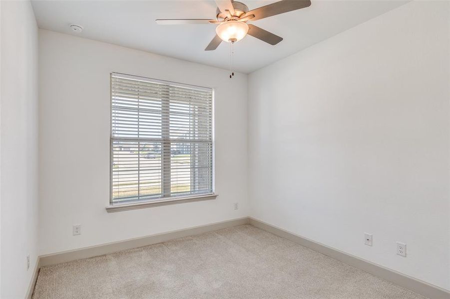 Carpeted empty room with baseboards and a ceiling fan Carpeted empty room with baseboards and a ceiling fan