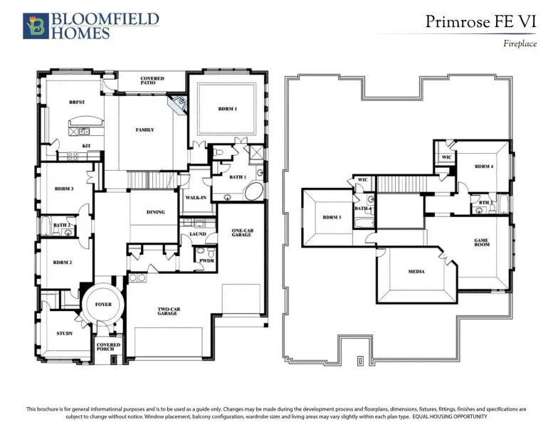 Bloomfield Homes Primrose FE VI two-story floor plan with five bedrooms, game room, media room, and two-car garage. Bloomfield Homes Primrose FE VI two-story floor plan with five bedrooms, game room, media room, and two-car garage.