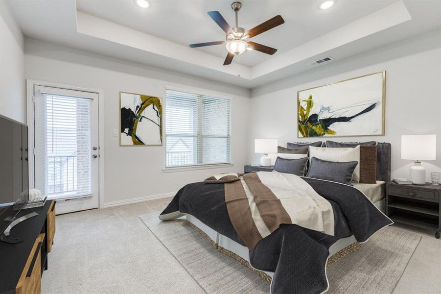 Carpeted bedroom featuring a tray ceiling, access to exterior, visible vents, and baseboards