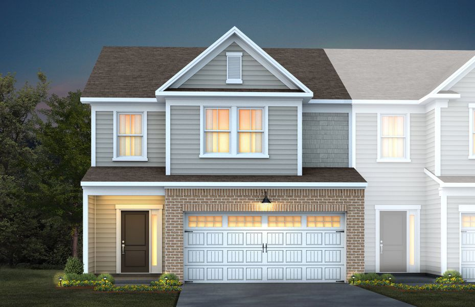 Front exterior of a new home in Exchange at 401, Raleigh, NC, highlighting curb appeal (Image 2). Front exterior of a new home in Exchange at 401, Raleigh, NC, highlighting curb appeal (Image 2).