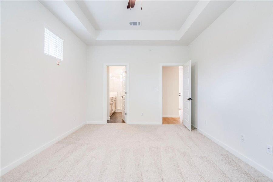 A spacious primary bedroom featuring plush carpeting, a tray ceiling, and a ceiling fan.