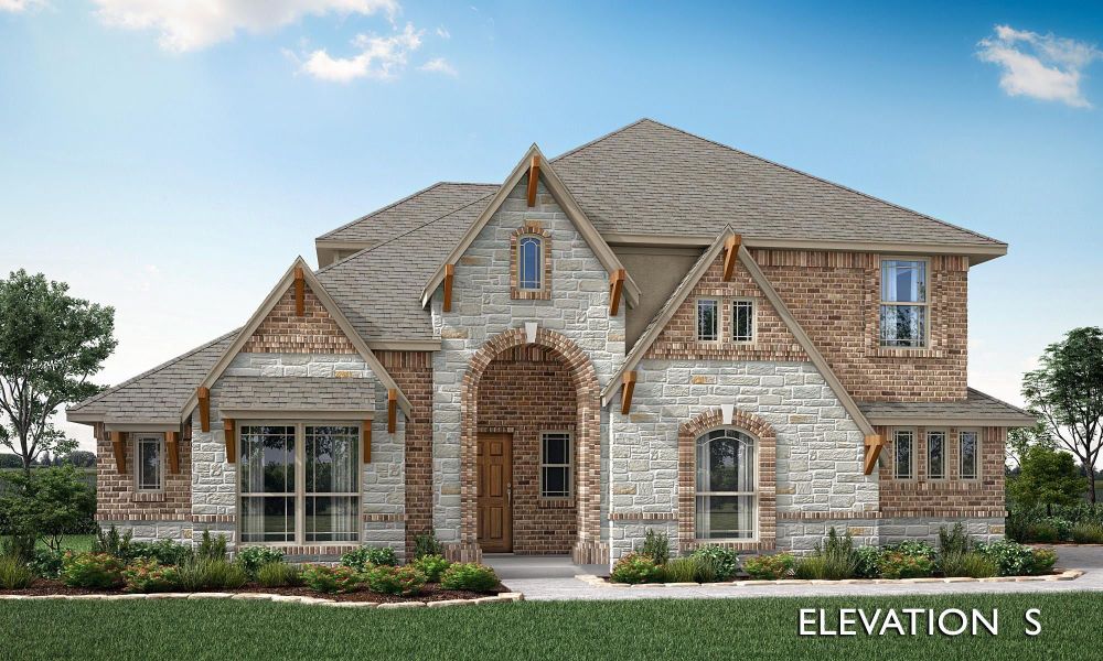 Two-story home with brick and stone exterior, arched entry, and wood accent details labeled Elevation S Two-story home with brick and stone exterior, arched entry, and wood accent details labeled Elevation S