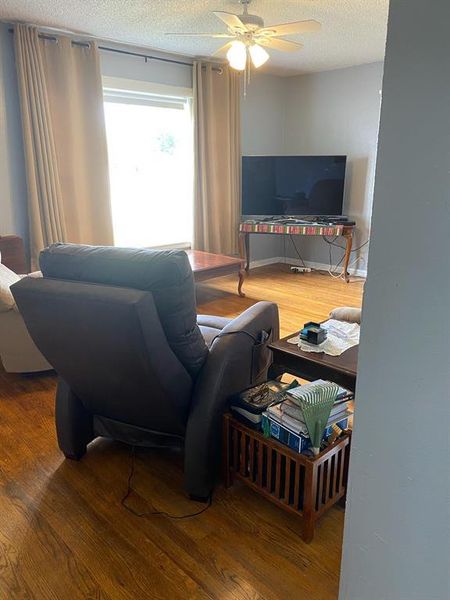 Living room with ceiling fan, hardwood / wood-style flooring, and a textured ceiling Living room with ceiling fan, hardwood / wood-style flooring, and a textured ceiling