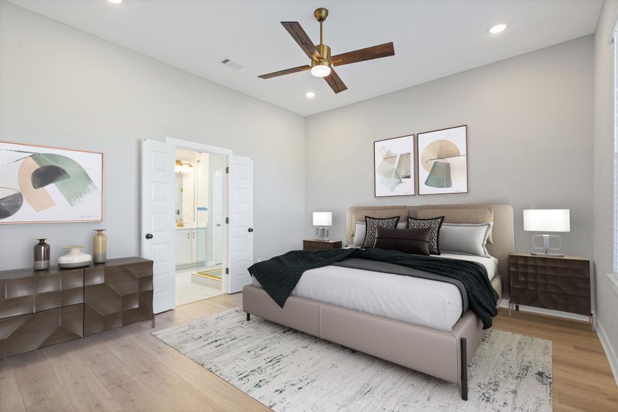 High ceilings featuring recessed lighting and a ceiling fan with wood-finish blades