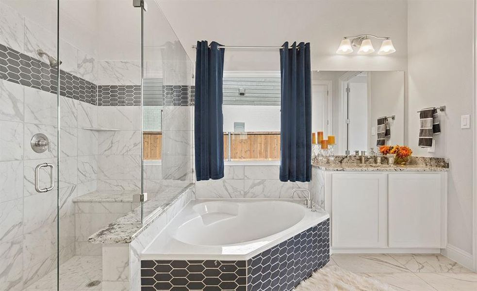 Bathroom with vanity and shower with separate bathtub