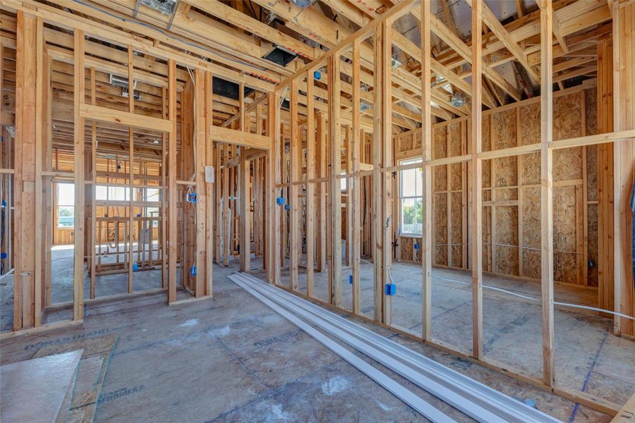 Wide upstairs framing view highlighting multiple future room divisions, hallway connections, window placement, and exposed mechanical and electrical systems. This photo offers a transparent look at the home’s construction progress and shows how the second level is being thoughtfully divided into functional private living spaces. Wide upstairs framing view highlighting multiple future room divisions, hallway connections, window placement, and exposed mechanical and electrical systems. This photo offers a transparent look at the home’s construction progress and shows how the second level is being thoughtfully divided into functional private living spaces.