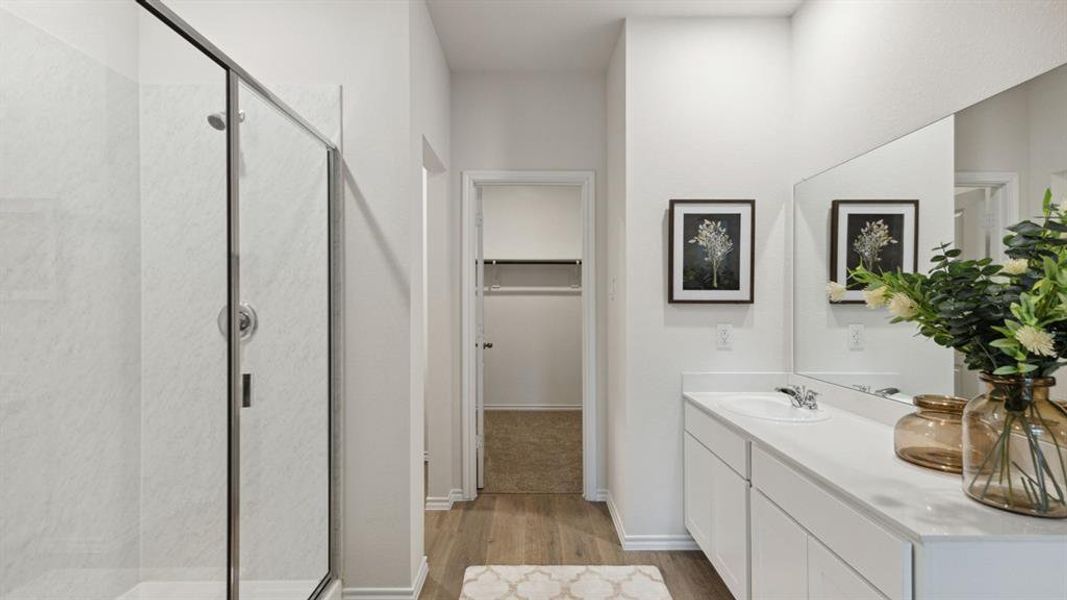Bathroom with vanity, light wood-style floors, a shower stall, and a spacious closet