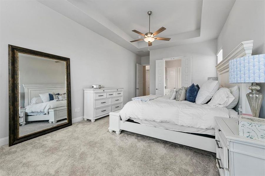 Bedroom with ceiling fan, light colored carpet, and a raised ceiling