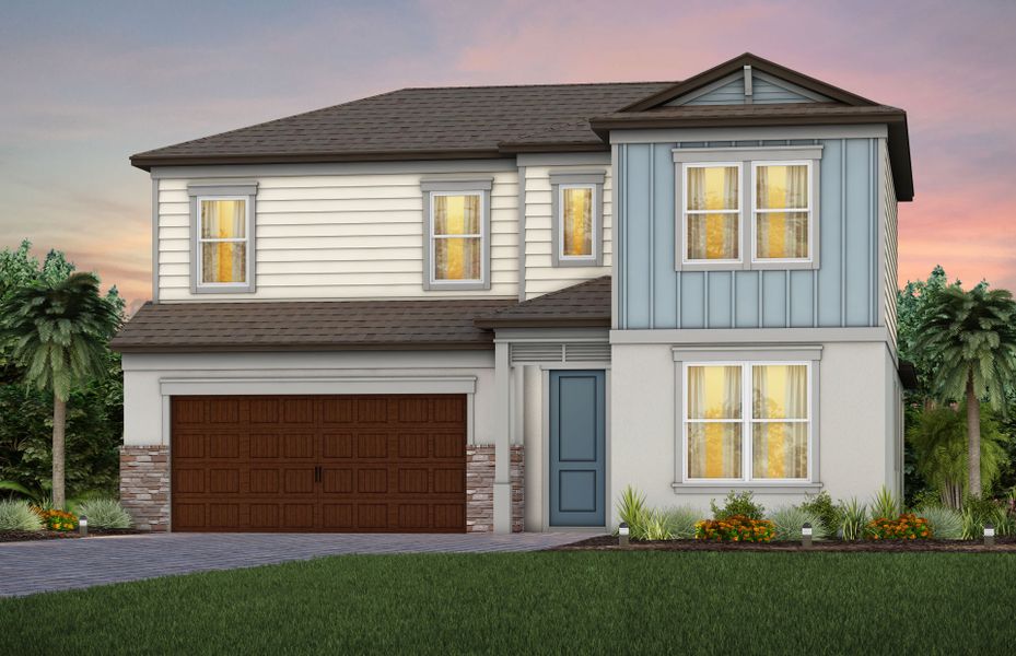 Front exterior of a new home in Vida's Way, Wesley Chapel, FL, highlighting curb appeal (Image 1). Front exterior of a new home in Vida's Way, Wesley Chapel, FL, highlighting curb appeal (Image 1).