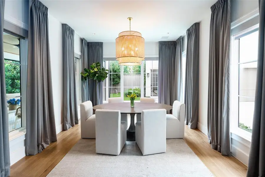 Breakfast room with wall of windows overlooking backyard/covered patio