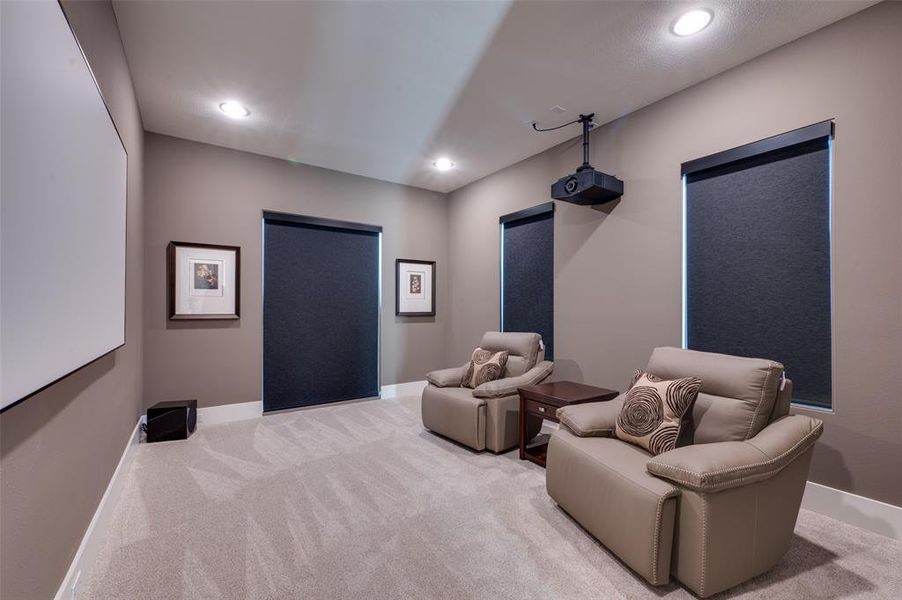 Home theater featuring light colored carpet