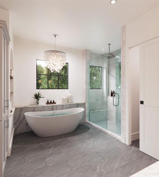 The flooring is a large format 15 x 30 Matt Glazed Tile with subtle veiling, giving the room a modern, clean foundation while still feeling warm and inviting.  71 Inch Pure White  Free-Standing Tub with a Two Handle Wall-Mounted Tub Filler.  The tube wall is adorned with a 16 x 48, Verticle Ribbed Tile.  Over the tub, there is a tiered pendant with a natual white shell.  The commode area is hidden behind the pocket door.
