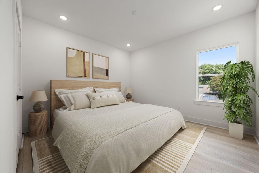 Secondary bedroom features wood like vinyl floors, neutral paint, recessed lighting and a large window with privacy blinds. Secondary bedroom features wood like vinyl floors, neutral paint, recessed lighting and a large window with privacy blinds.