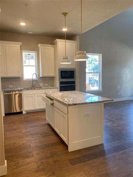 Kitchen with white cabinetry, stainless steel appliances, dark wood-type flooring, and decorative light fixtures