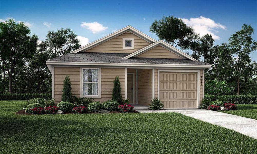 View of front of house with a front yard and a garage