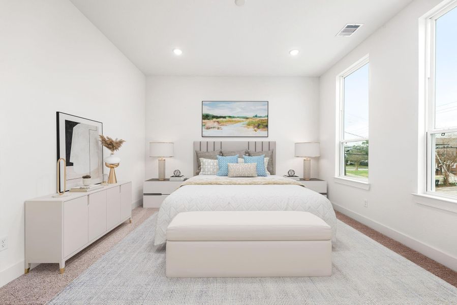 This inviting secondary bedroom offers plush carpeting, elegant recessed lighting, and expansive windows that frame stunning downtown views. Bathed in natural light, this serene space is perfect for relaxation while offering a breathtaking cityscape right from your window. This inviting secondary bedroom offers plush carpeting, elegant recessed lighting, and expansive windows that frame stunning downtown views. Bathed in natural light, this serene space is perfect for relaxation while offering a breathtaking cityscape right from your window.