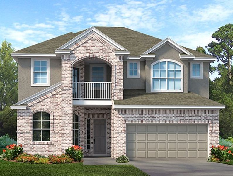 Front exterior of a new home in The Trails, New Caney, TX, highlighting curb appeal (Image 25).