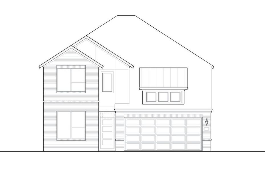 Two-story home floor plan elevation drawing with two-car garage and multiple windows Two-story home floor plan elevation drawing with two-car garage and multiple windows