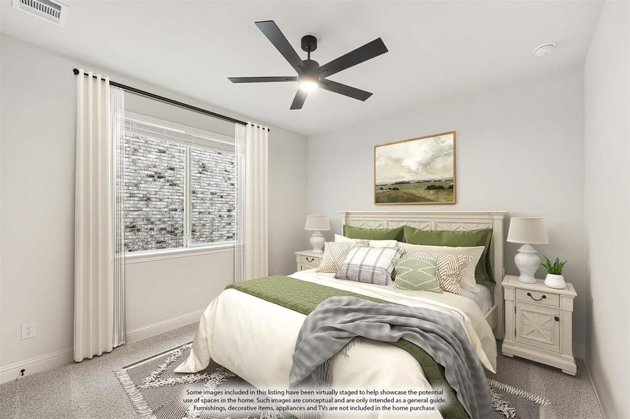Bedroom with white wood headboard, black ceiling fan, and large window with curtains Bedroom with white wood headboard, black ceiling fan, and large window with curtains