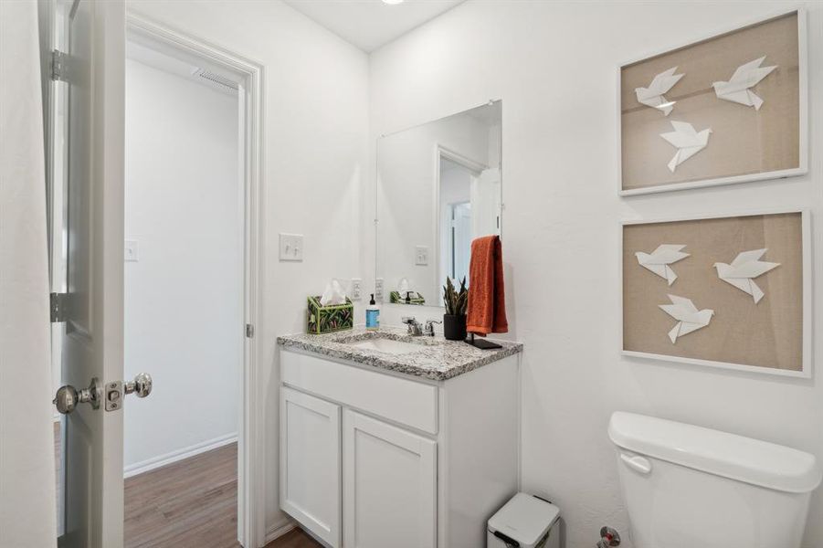 Bathroom featuring vanity, toilet, and wood-type flooring