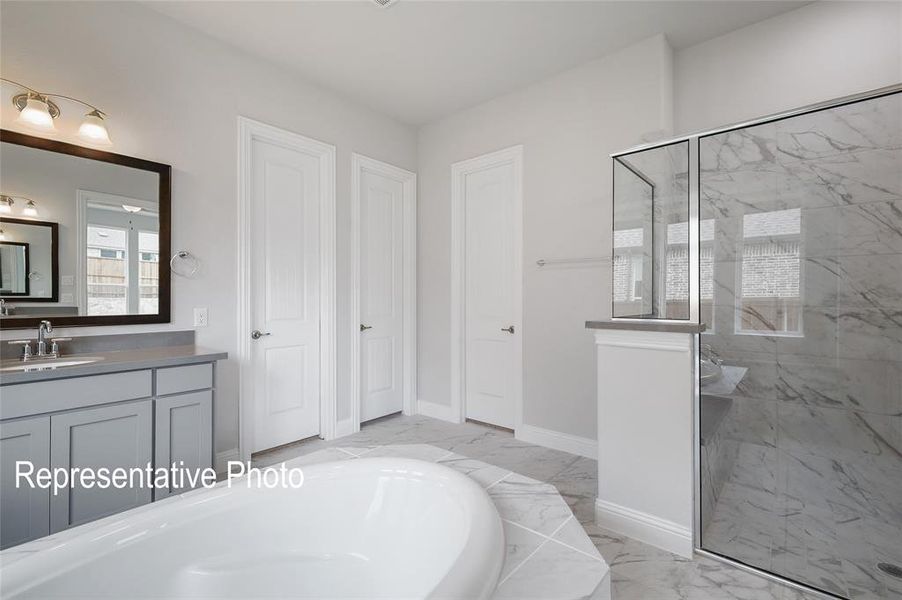 Spacious bathroom featuring a glass-enclosed shower with marble-look tile, a separate built-in soaking tub, and a vanity with a rectangular sink and gray cabinetry