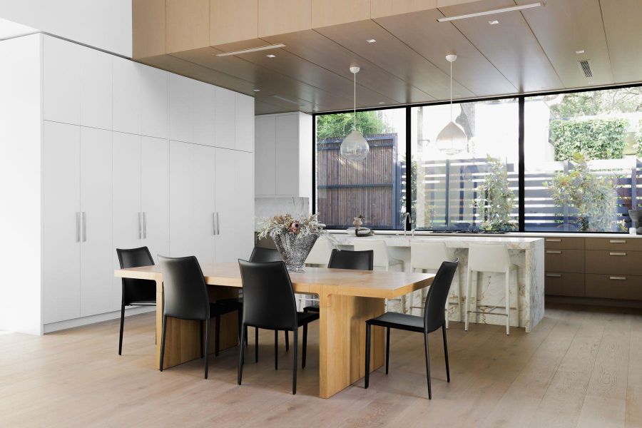 Dining space with light wood-type flooring