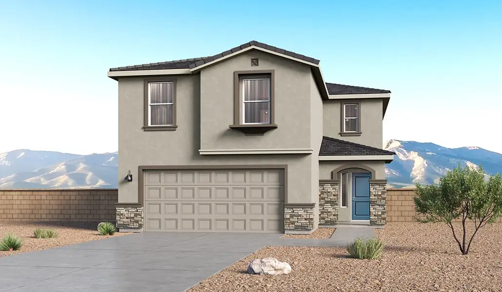 Front exterior of a new home in Hanson Ridge, Vail, AZ, highlighting curb appeal (Image 1). Front exterior of a new home in Hanson Ridge, Vail, AZ, highlighting curb appeal (Image 1).