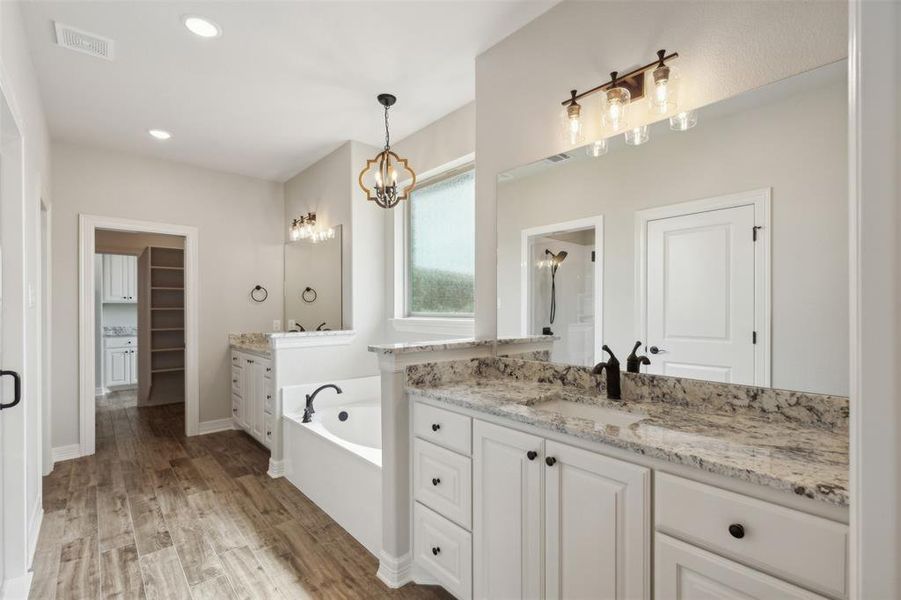 Bathroom featuring vanity, hardwood / wood-style floors, and a tub