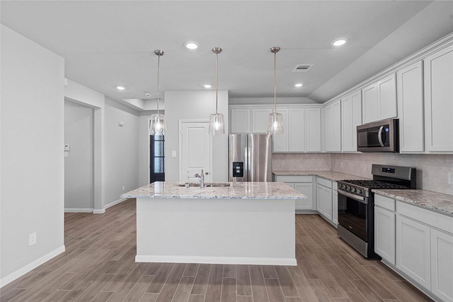 This modern kitchen island features a polished granite countertop with an undermount double-bowl stainless steel sink, complemented by a Moen Integra chrome faucet with DuPure water filtration system.