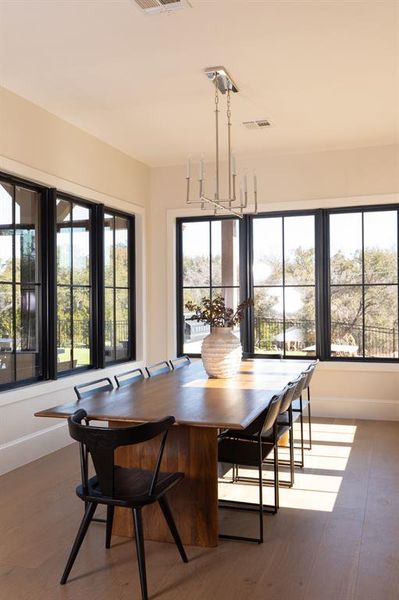 Dining space with hardwood / wood-style floors, suspended lighting, and plenty of natural light